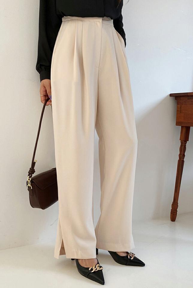 ツータックスリットワイドスラックス・全3色・t65386 レディース 【pt】韓国ファッション ボトムス ロング ロングパンツ スラックスパンツ スラックス ツータック スリット ワイド 無地 シンプル 体型カバー フェミニン カジュアル 秋 冬