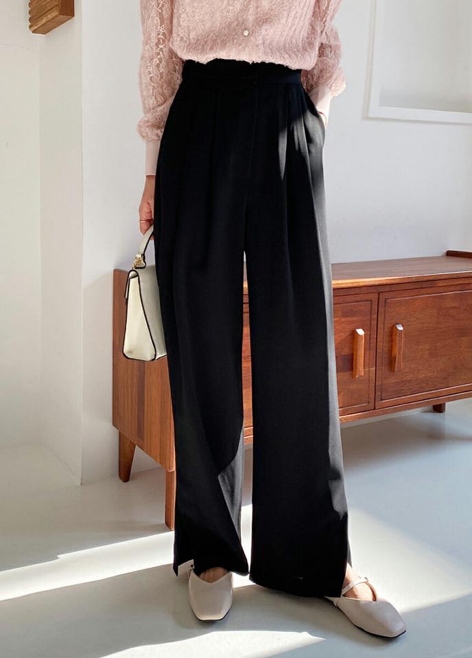 ツータックスリットワイドスラックス・全3色・t65386 レディース 【pt】韓国ファッション ボトムス ロング ロングパンツ スラックスパンツ スラックス ツータック スリット ワイド 無地 シンプル 体型カバー フェミニン カジュアル 秋 冬