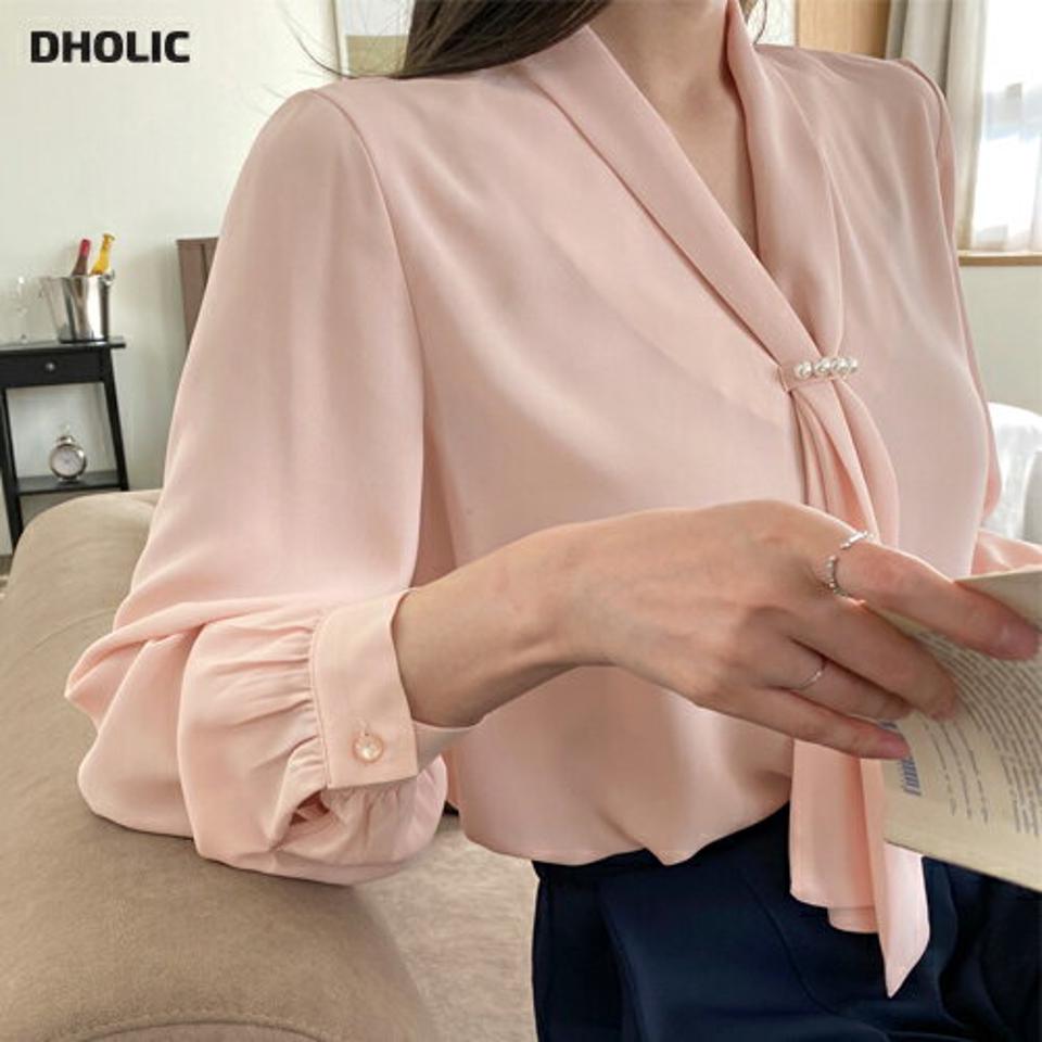 フェイクパールリボンブラウス・全4色・t71660 レディース 【bl】トップス ブラウス 長袖 ボウタイ 単色 オフィス パフスリーブ デコラティブ オケージョン プルオーバー 春 秋 冬 ワンホン バズ クリスマス 韓国ファッション HIHOLLI 人気