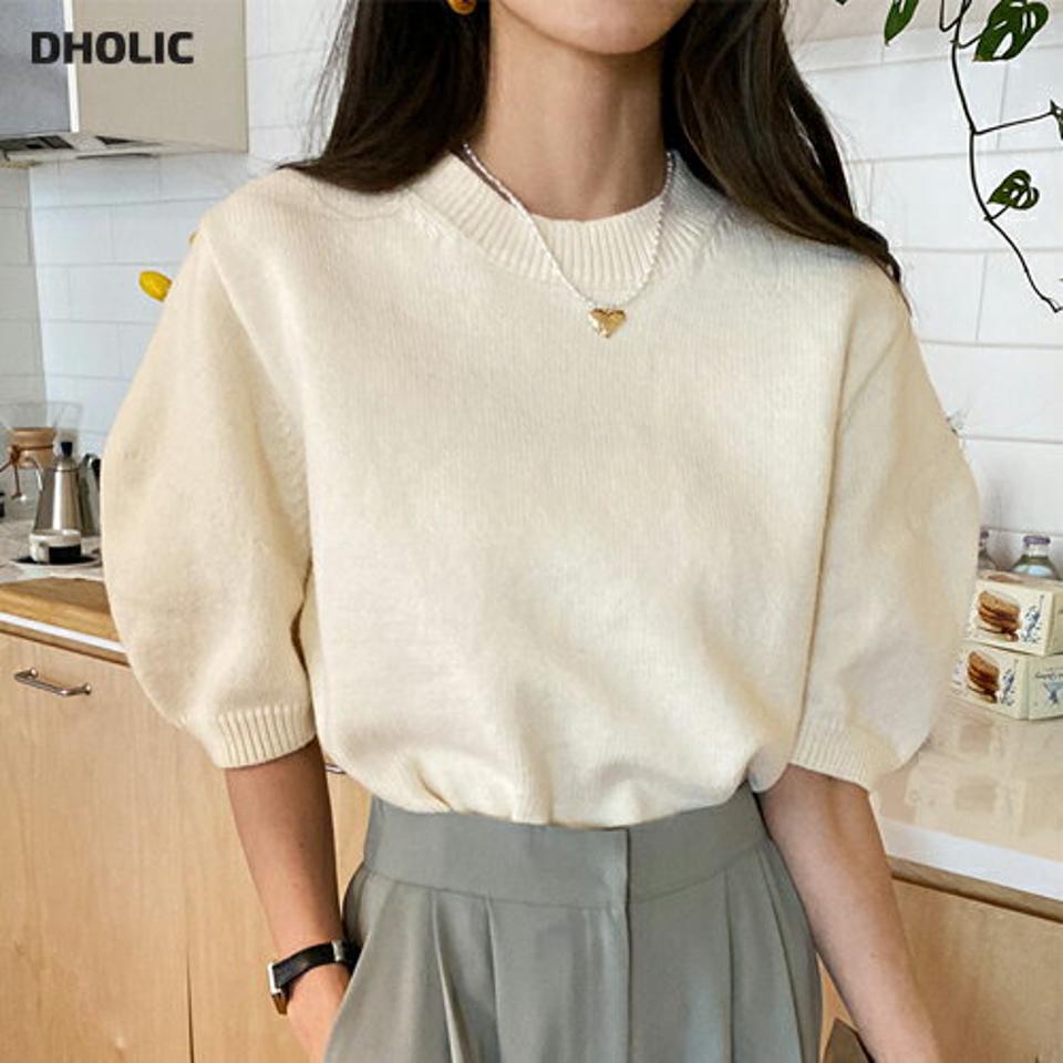 ウール混パフ半袖ニット・全4色・t65377 レディース 【tops】韓国ファッション トップス ニット 大人 半袖 ラウンドネック ウール混 パフ 無地 シンプル フェミニン カジュアル デイリー 秋 冬