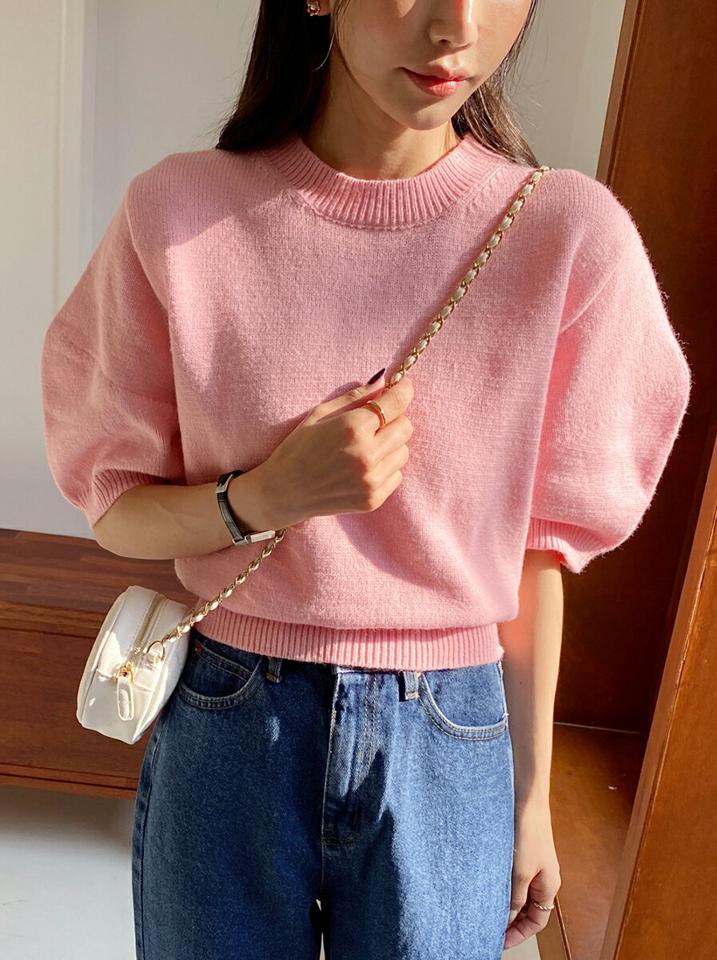 ウール混パフ半袖ニット・全4色・t65377 レディース 【tops】韓国ファッション トップス ニット 大人 半袖 ラウンドネック ウール混 パフ 無地 シンプル フェミニン カジュアル デイリー 秋 冬