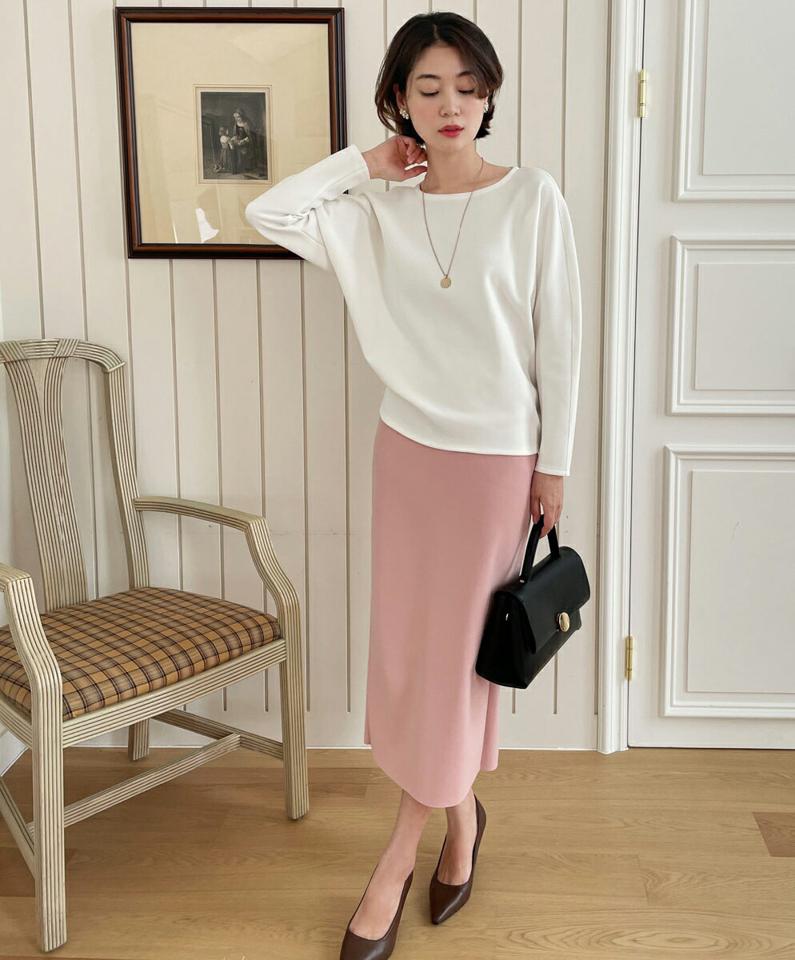 スリムヘムTシャツ&IラインイージースカートSET・全4色・b71827 レディース 【sk】ボトムス スカート Tシャツ セットアップ 長袖 ラウンドネック カラーアイテム ミディスカート 無地 シンプル 細身 大人 体型カバー 秋 冬 韓国ファッション ハイホリHIHOLLI