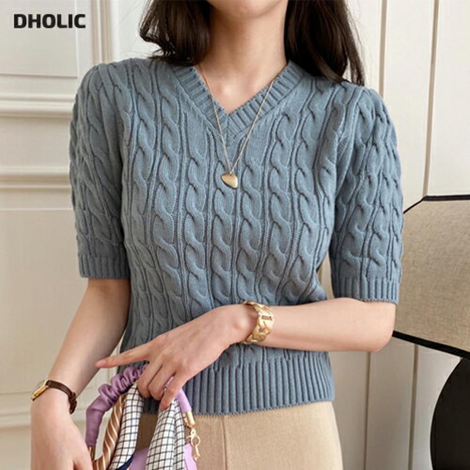 Vネックツイストパフニット・全4色・b71746 レディース 【tops】トップス ニット 大人 半袖 Vネック ツイスト パフ クロップド丈 異素材 シンプル フェミニン カジュアル 春 秋 冬 韓国ファッション ハイホリHIHOLLI