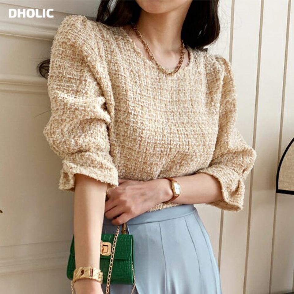 ツイード配色ブラウス・全2色・t71743 レディース 【bl】トップス ブラウス 長袖 7分丈 ラウンドネック パフスリーブ ツイード 配色 シンプル カジュアル 大人 フェミニン ガーリー 春 秋 冬 韓国ファッション ハイホリHIHOLLI