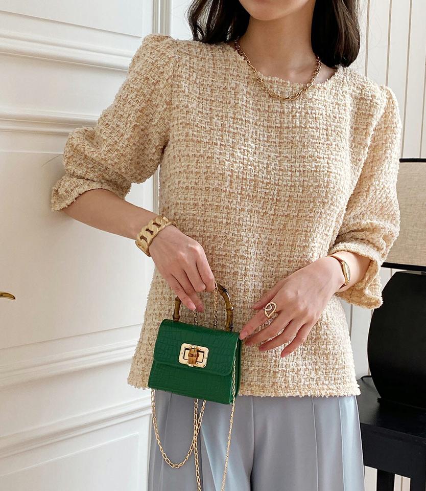 ツイード配色ブラウス・全2色・t71743 レディース 【bl】トップス ブラウス 長袖 7分丈 ラウンドネック パフスリーブ ツイード 配色 シンプル カジュアル 大人 フェミニン ガーリー 春 秋 冬 韓国ファッション ハイホリHIHOLLI