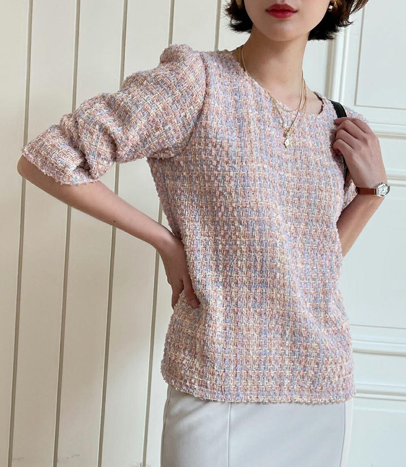 ツイード配色ブラウス・全2色・t71743 レディース 【bl】トップス ブラウス 長袖 7分丈 ラウンドネック パフスリーブ ツイード 配色 シンプル カジュアル 大人 フェミニン ガーリー 春 秋 冬 韓国ファッション ハイホリHIHOLLI