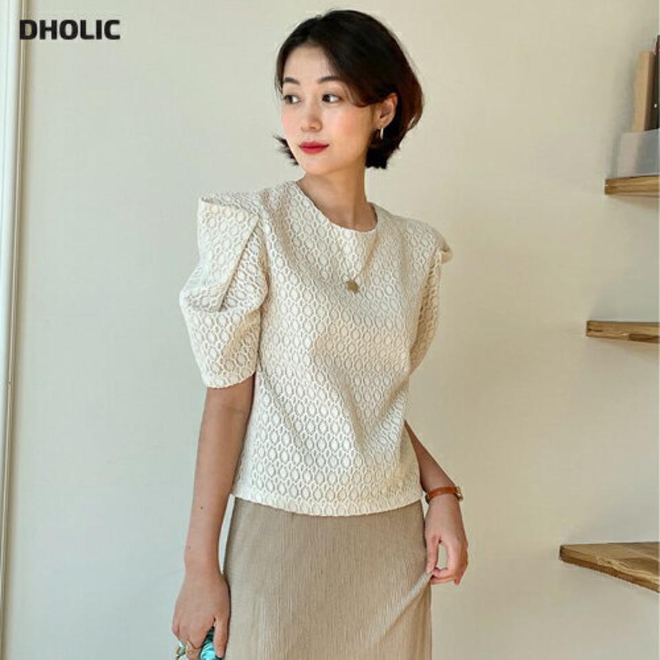 【マラソン特価】レースパフブラウス・全3色・b71741 レディース 【bl】トップス ブラウス 半袖 ラウンドネック レース パフスリーブ ユニーク シンプル カジュアル 大人 フェミニン ガーリー 春 秋 冬 韓国ファッション ハイホリHIHOLLI