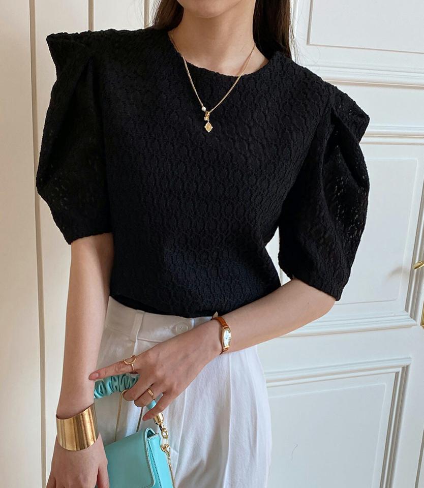 【マラソン特価】レースパフブラウス・全3色・b71741 レディース 【bl】トップス ブラウス 半袖 ラウンドネック レース パフスリーブ ユニーク シンプル カジュアル 大人 フェミニン ガーリー 春 秋 冬 韓国ファッション ハイホリHIHOLLI