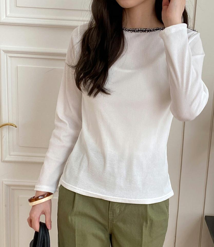 ツイードネックリブTシャツ・全3色・t71778 レディース 【tops】トップス Tシャツ 大人 長袖 ラウンドネック ツイード 配色 スリム シンプル 体型カバー フェミニン カジュアル デイリー 春 秋 冬 韓国ファッション ハイホリHIHOLLI