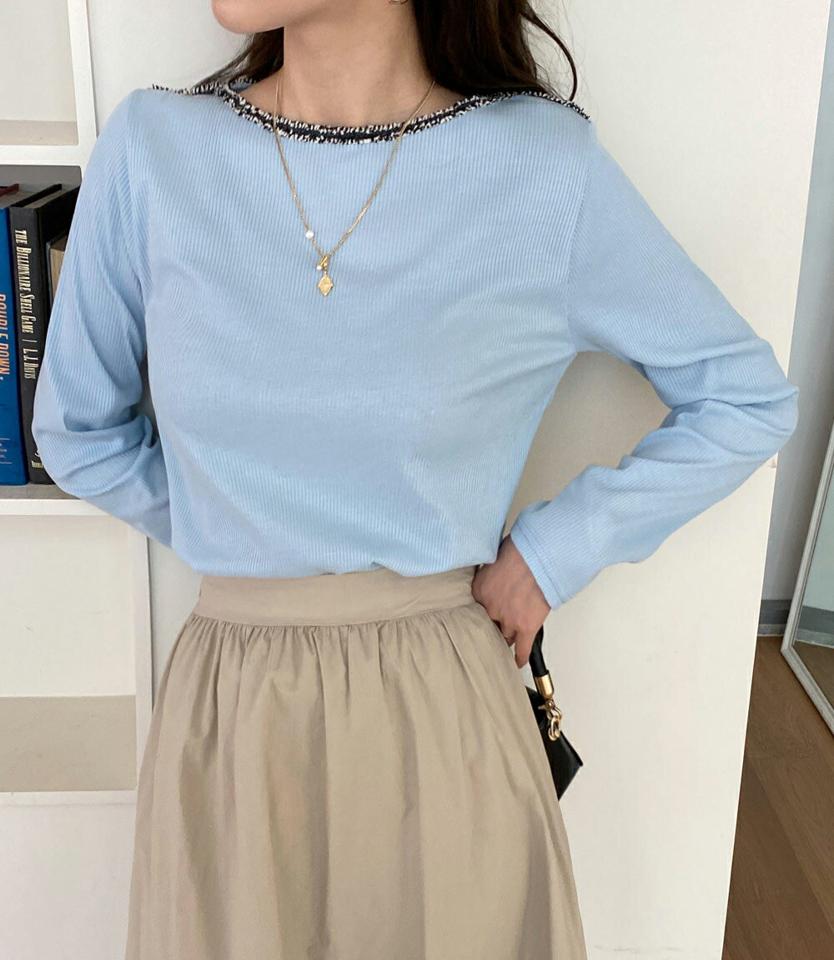 ツイードネックリブTシャツ・全3色・t71778 レディース 【tops】トップス Tシャツ 大人 長袖 ラウンドネック ツイード 配色 スリム シンプル 体型カバー フェミニン カジュアル デイリー 春 秋 冬 韓国ファッション ハイホリHIHOLLI