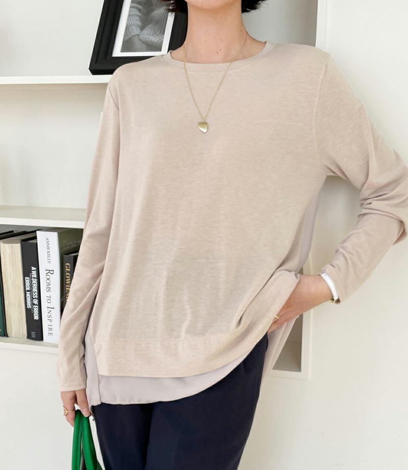 シフォン配色ラウンドTシャツ・全4色・b71737 レディース 【tops】トップス Tシャツ 大人 長袖 ラウンドネック シフォン アンバランス ロング丈 無地 シンプル ルーズ フェミニン カジュアル チュニック インしない 春 秋 冬 韓国ファッション ハイホリHIHOLLI