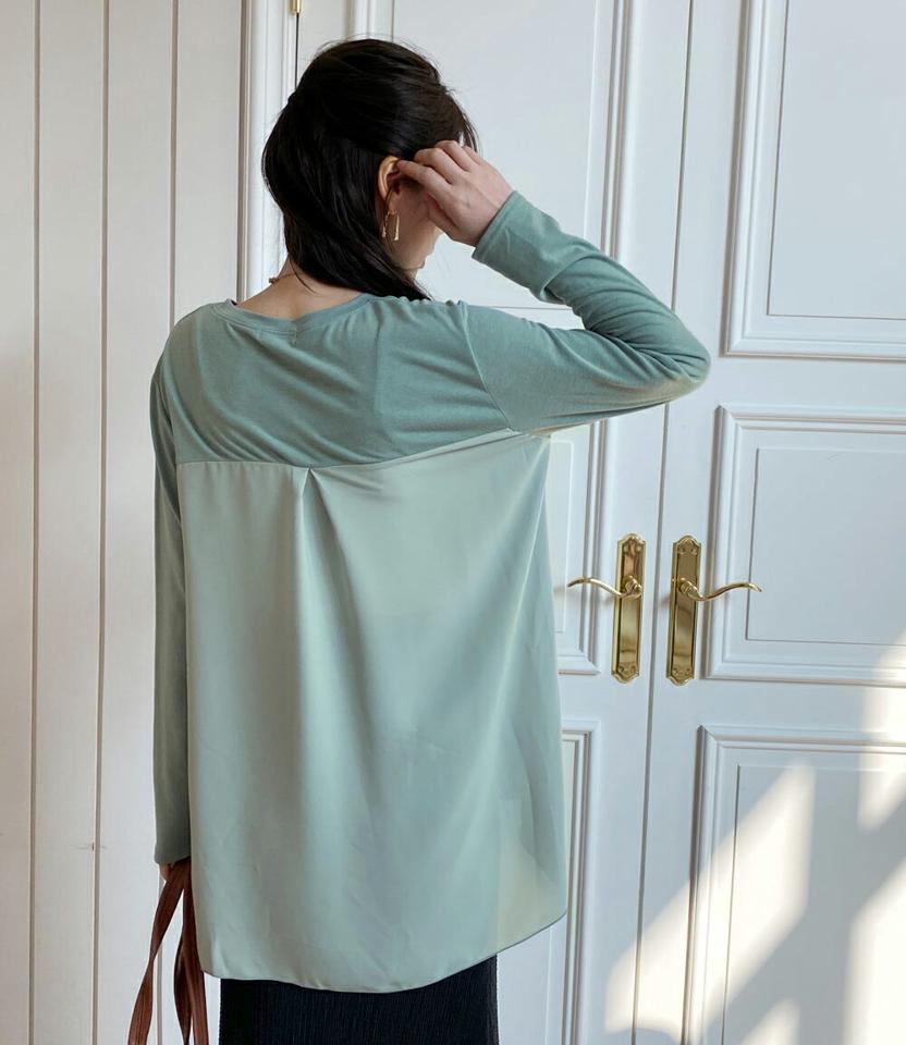シフォン配色ラウンドTシャツ・全4色・b71737 レディース 【tops】トップス Tシャツ 大人 長袖 ラウンドネック シフォン アンバランス ロング丈 無地 シンプル ルーズ フェミニン カジュアル チュニック インしない 春 秋 冬 韓国ファッション ハイホリHIHOLLI