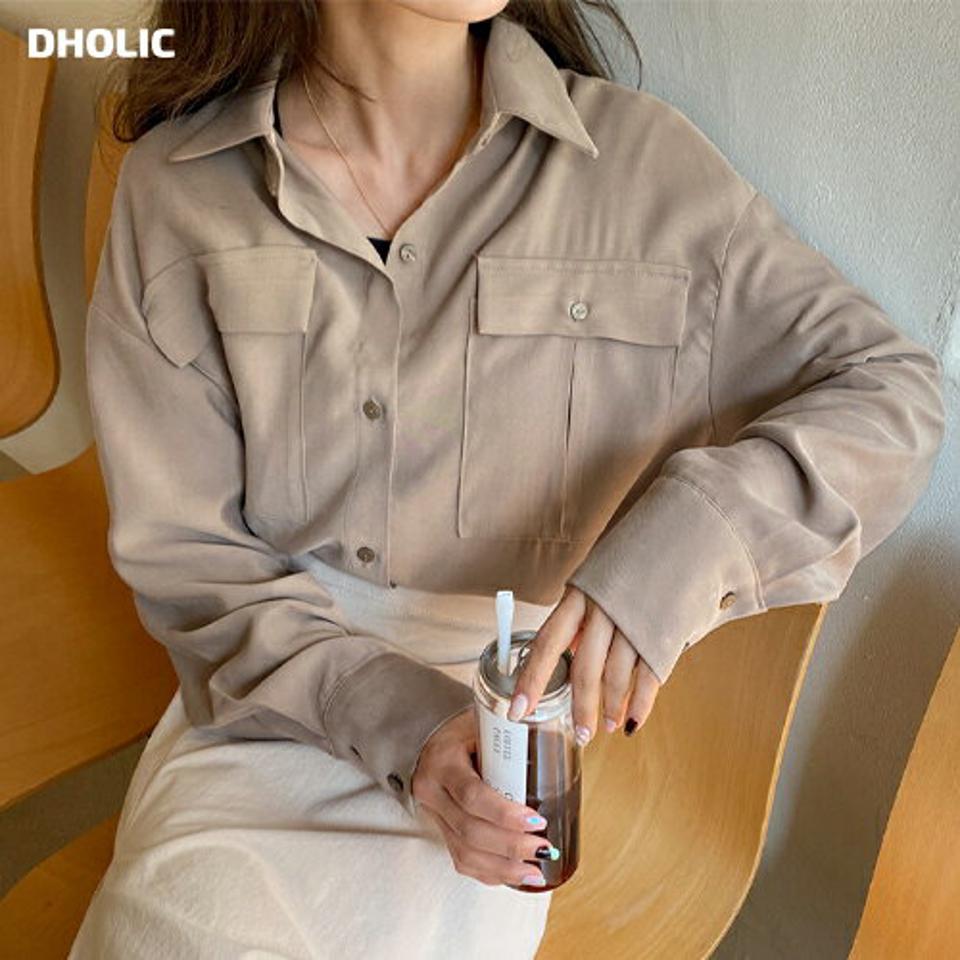 ポケットクロップドシャツ・全4色・t00183 レディース 【bl】韓国ファッション トップス シャツ 長袖 カラーネック ポケット クロップド丈 無地 ベーシック シンプル カジュアル フェミニン ガーリー 春 秋 冬