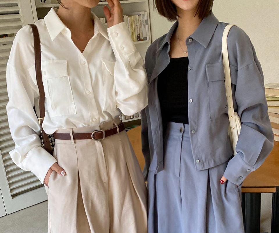 ポケットクロップドシャツ・全4色・t00183 レディース 【bl】韓国ファッション トップス シャツ 長袖 カラーネック ポケット クロップド丈 無地 ベーシック シンプル カジュアル フェミニン ガーリー 春 秋 冬