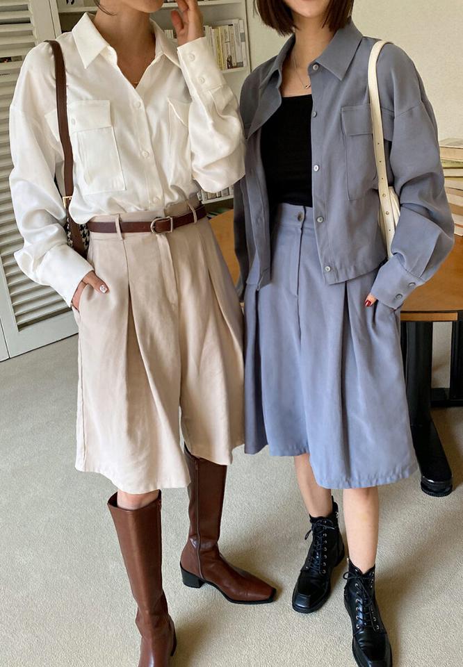 【10%OFF】【送料無料】ポケットクロップドシャツ&タックハーフパンツSET・全4色・t00182 レディース 【pt】韓国ファッション ボトムス ハーフ ハーフパンツ シャツ セットアップ 長袖 カラーネック ハイウエスト 無地 シンプル カジュアル 秋 冬 春セール