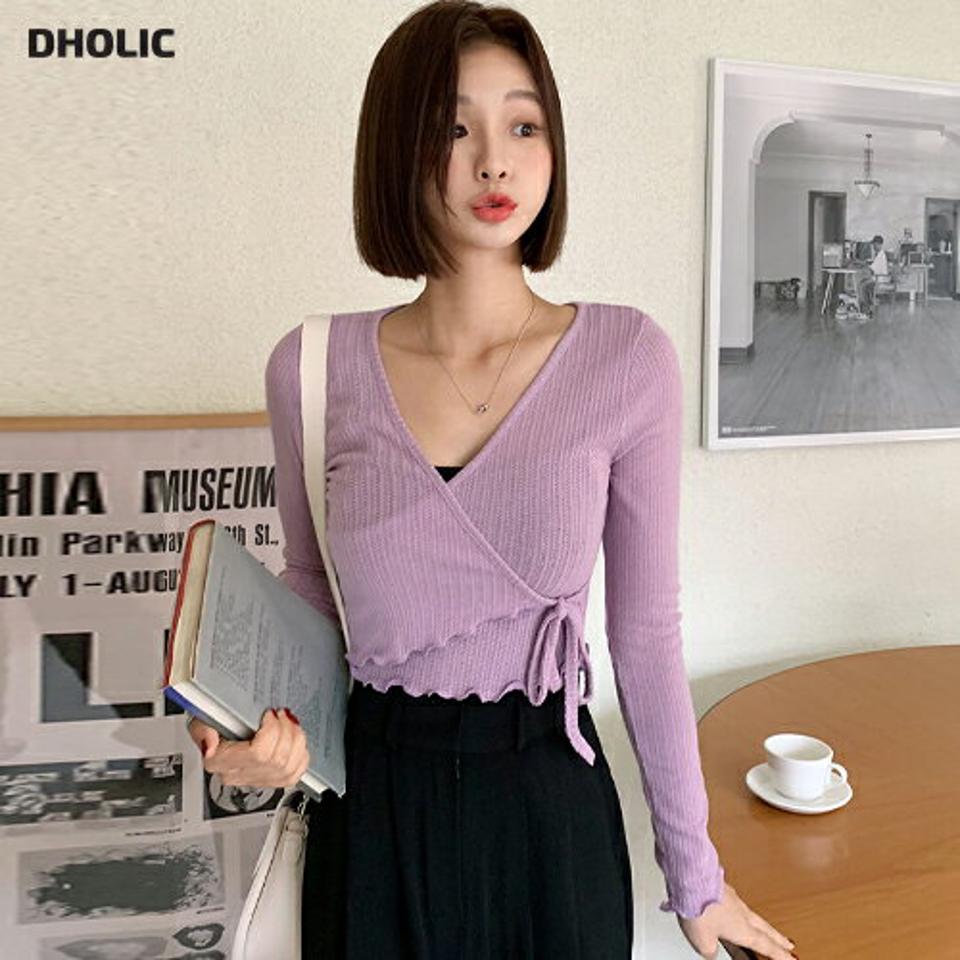 リブカシュクールTシャツ・全4色・t00172 レディース 【tops】韓国ファッション トップス Tシャツ 大人 長袖 Vネック リブ カシュクール メロウへム クロップド丈 無地 シンプル スリム フェミニン カジュアル デイリー 春 秋 冬