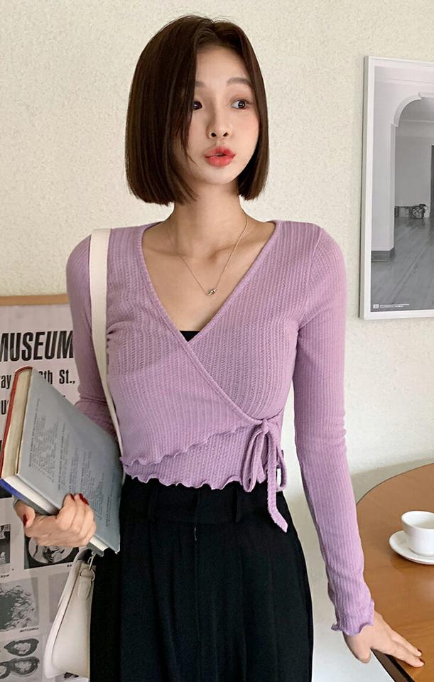 リブカシュクールTシャツ・全4色・t00172 レディース 【tops】韓国ファッション トップス Tシャツ 大人 長袖 Vネック リブ カシュクール メロウへム クロップド丈 無地 シンプル スリム フェミニン カジュアル デイリー 春 秋 冬