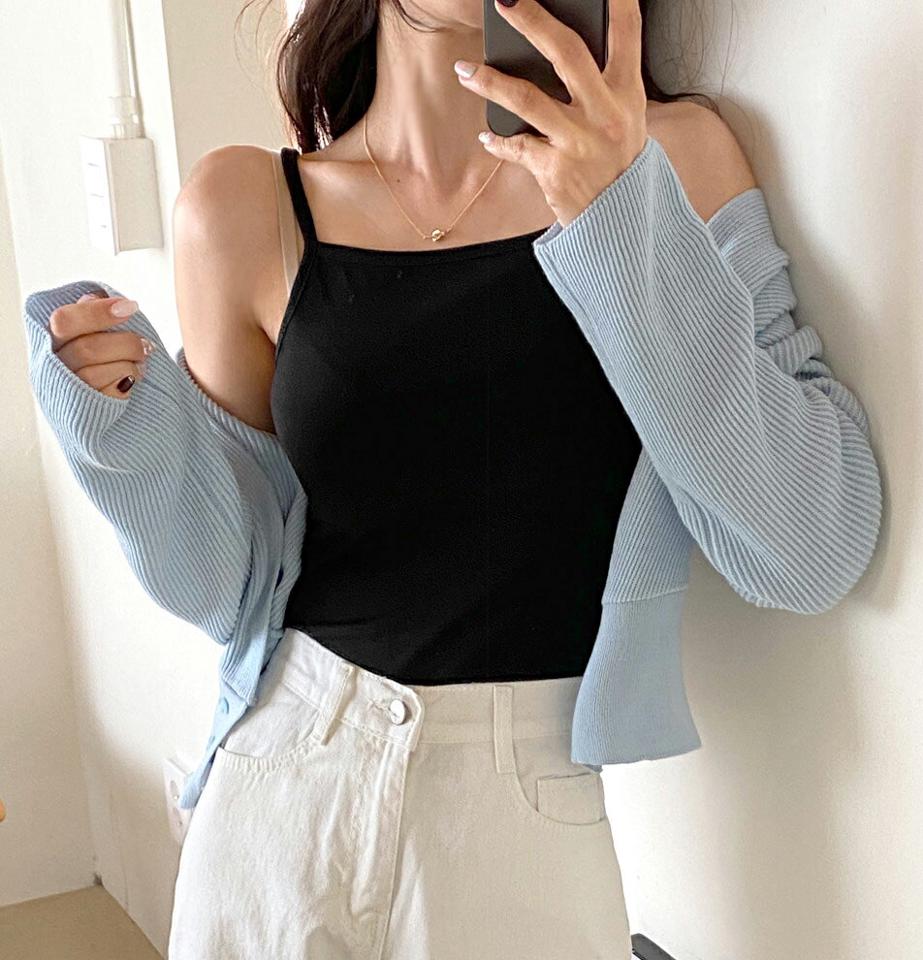 リブカシュクールTシャツ&スクエアキャミソールSET・全4色・t00171 レディース 【tops】韓国ファッション トップス Tシャツ キャミソール セット 大人 長袖 Vネック カシュクール メロウへム クロップド丈 無地 シンプル 春 秋 冬