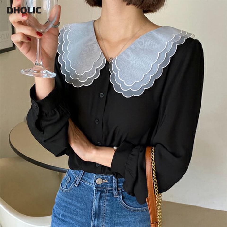 シアースカラップカラーブラウス・全2色・t00170 レディース 【bl】韓国ファッション フレンチ トップス ブラウス 長袖 Vネック 襟コンシャス シースルー シアー スカラップ モダン シンプル カジュアル デコラティブ フェミニン ガーリー 春 秋 冬