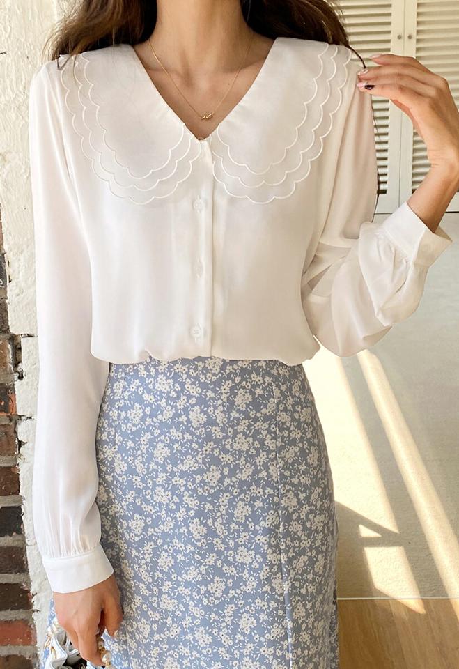 シアースカラップカラーブラウス・全2色・t00170 レディース 【bl】韓国ファッション フレンチ トップス ブラウス 長袖 Vネック 襟コンシャス シースルー シアー スカラップ モダン シンプル カジュアル デコラティブ フェミニン ガーリー 春 秋 冬