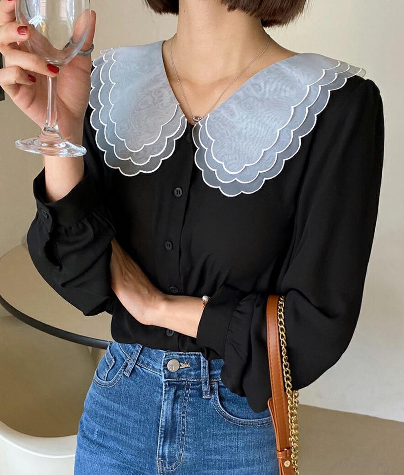 シアースカラップカラーブラウス・全2色・t00170 レディース 【bl】韓国ファッション フレンチ トップス ブラウス 長袖 Vネック 襟コンシャス シースルー シアー スカラップ モダン シンプル カジュアル デコラティブ フェミニン ガーリー 春 秋 冬