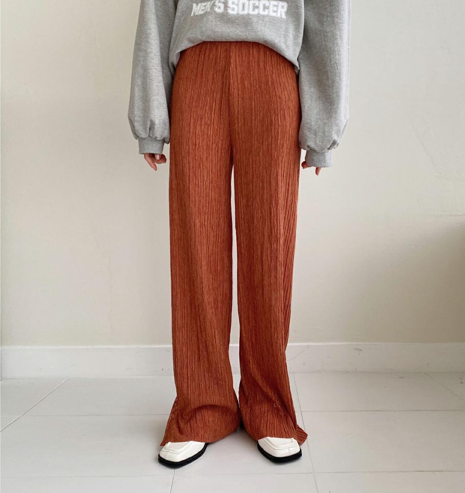 スリットプリーツパンツ・全3色・t02036 レディース 【pt】韓国ファッション ボトムス ロング ロングパンツ スリット プリーツパンツ ハイウエスト ウエストゴム カラーパンツ シンプル 体型カバー フェミニン カジュアル 秋 冬