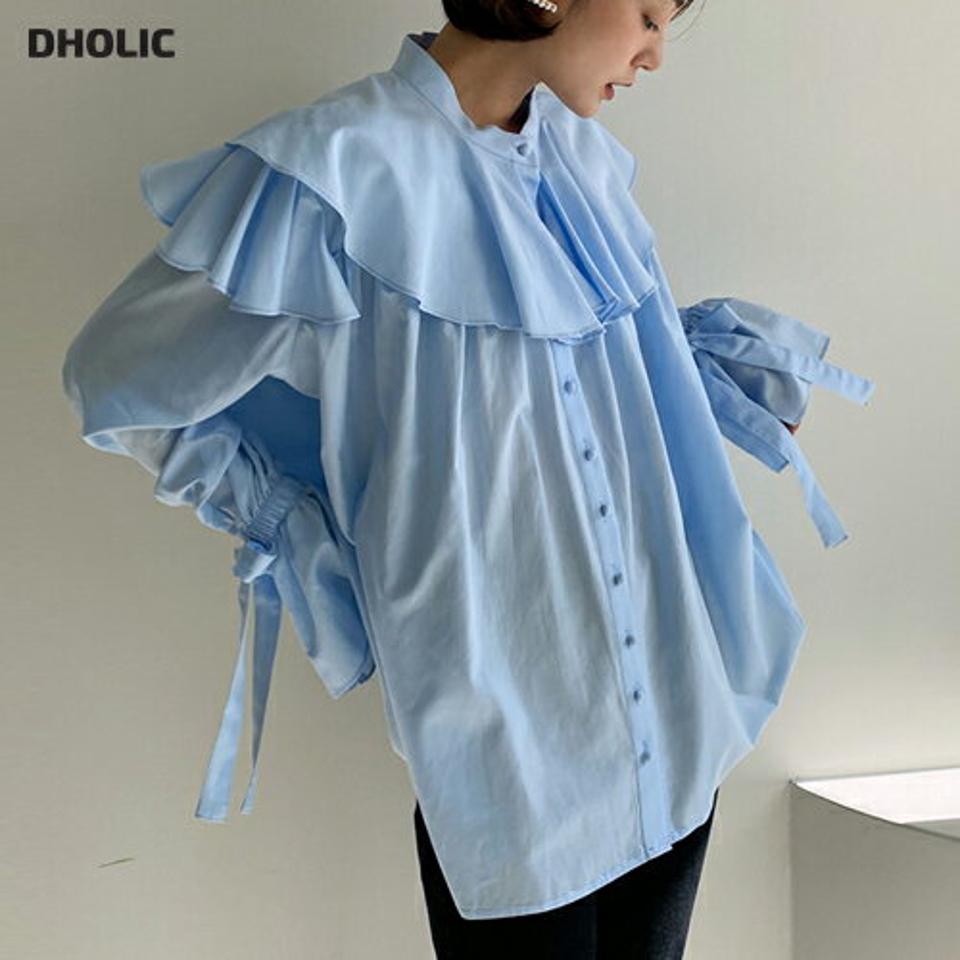 ラッフルくるみボタンブラウス・全3色・t00156 レディース 【bl】トップス ブラウス 長袖 ラッフル フリル 単色 ガーリー 大人 カラーアイテム 水色 体型カバー 可愛い ユニーク 個性的 ボリューム袖 春 秋 冬 韓国ファッション ハイホリHIHOLLI