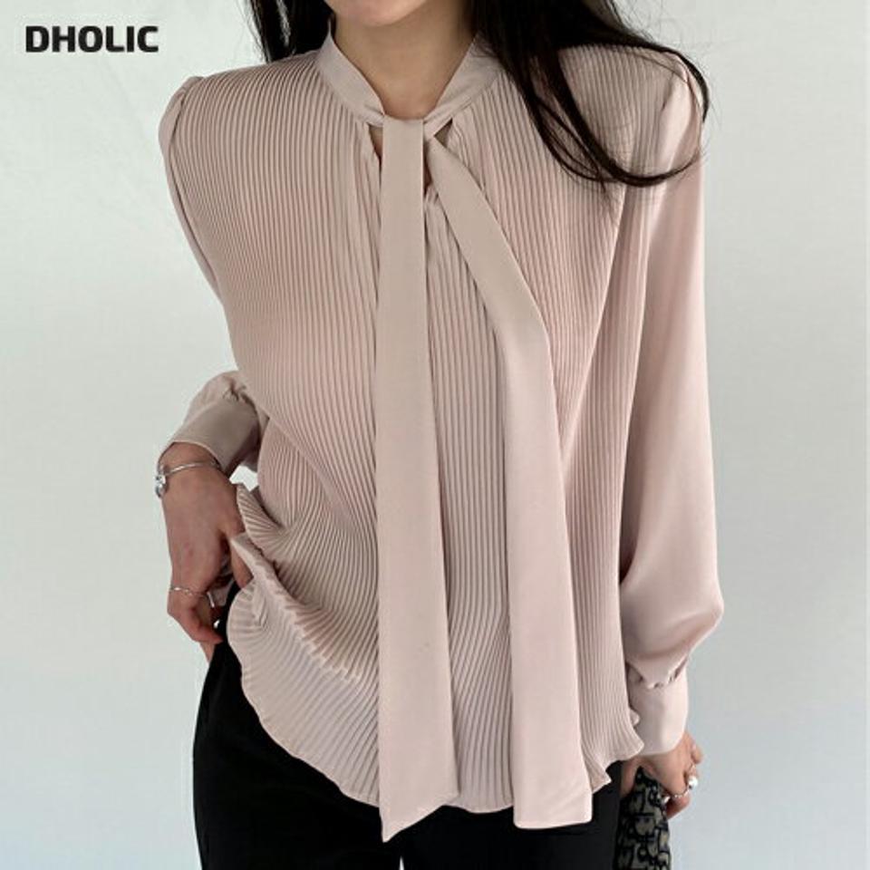 プリーツタイブラウス・全3色・b71658 レディース 【bl】トップス ブラウス 長袖 ボウタイ プリーツ フェミニン ユニーク 大人 シンプル 単色 パフ袖 Vネック 春 秋 冬 韓国ファッション ハイホリHIHOLLI