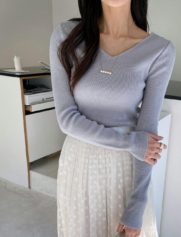 2WAYリブVネックニット・全4色・t71652 レディース 【tops】トップス ニット 長袖 Vネック リブトップス 前後着用自由 単色 無地 シンプル カジュアル 大人 春 秋 冬 韓国ファッション ハイホリHIHOLLI