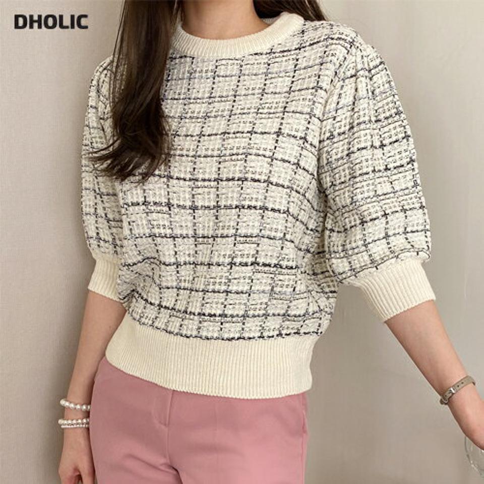 ≪人気商品再入荷≫ツイードパフ半袖ニット・全4色・t71651 レディース 【tops】トップス ニット 半袖 ハーフスリーブ 半端丈 パフ袖 パフスリーブ ツイード 大人 上品 チェック柄 クロップド丈 ワンホン 春 秋 韓国ファッション ハイホリHIHOLLI