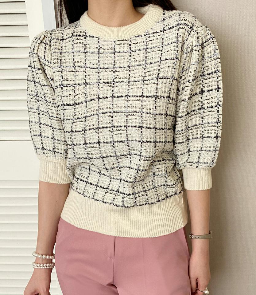 ≪人気商品再入荷≫ツイードパフ半袖ニット・全4色・t71651 レディース 【tops】トップス ニット 半袖 ハーフスリーブ 半端丈 パフ袖 パフスリーブ ツイード 大人 上品 チェック柄 クロップド丈 ワンホン 春 秋 韓国ファッション ハイホリHIHOLLI