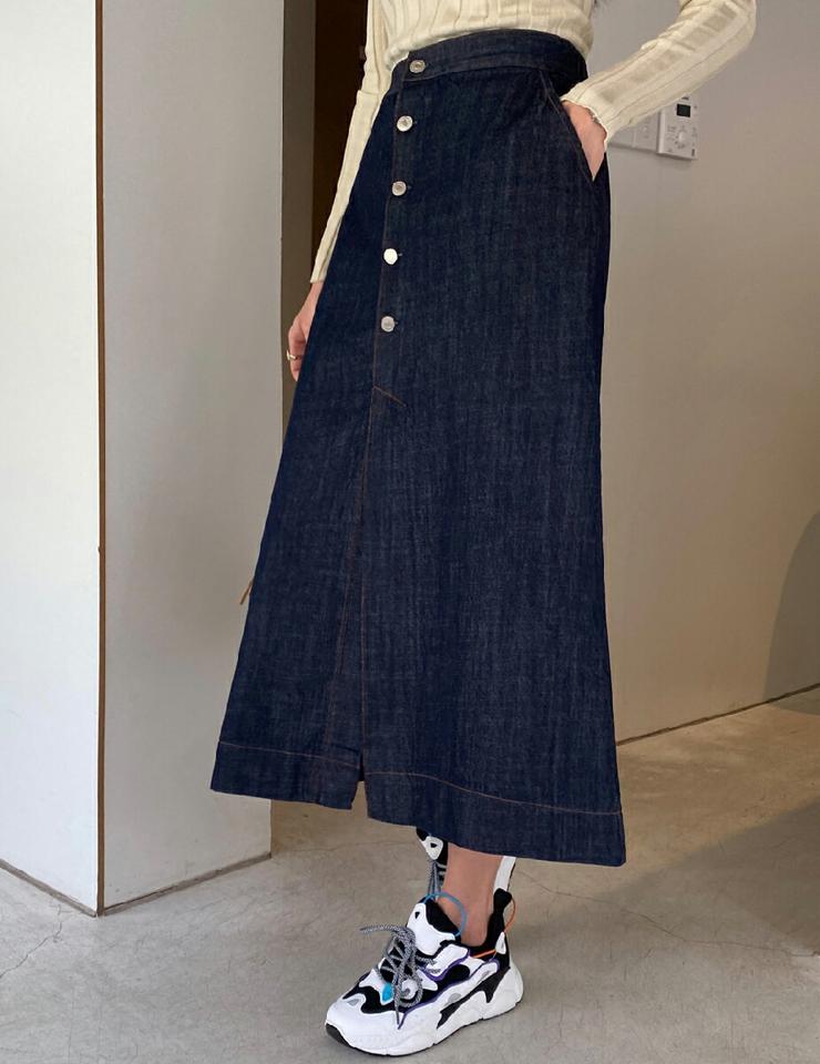 ボタンスリットデニムスカート・全1色・t71669 レディース 【sk】スカート ロング丈 ロングスカート デニム スリット シンプル カジュアル ボタン Aライン ラフ 春 秋 冬 韓国ファッション ハイホリHIHOLLI