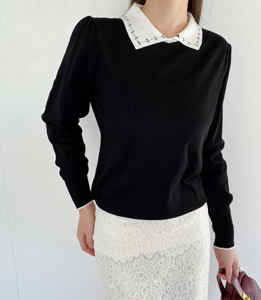 フラワー刺繍カラーニット・全3色・b71654 レディース 【tops】トップス ニット 長袖 襟コン 刺繍 花柄 ガーリー 大人 かわいい シンプル パフ袖 パフスリーブ　春 秋 冬 韓国ファッション ハイホリHIHOLLI