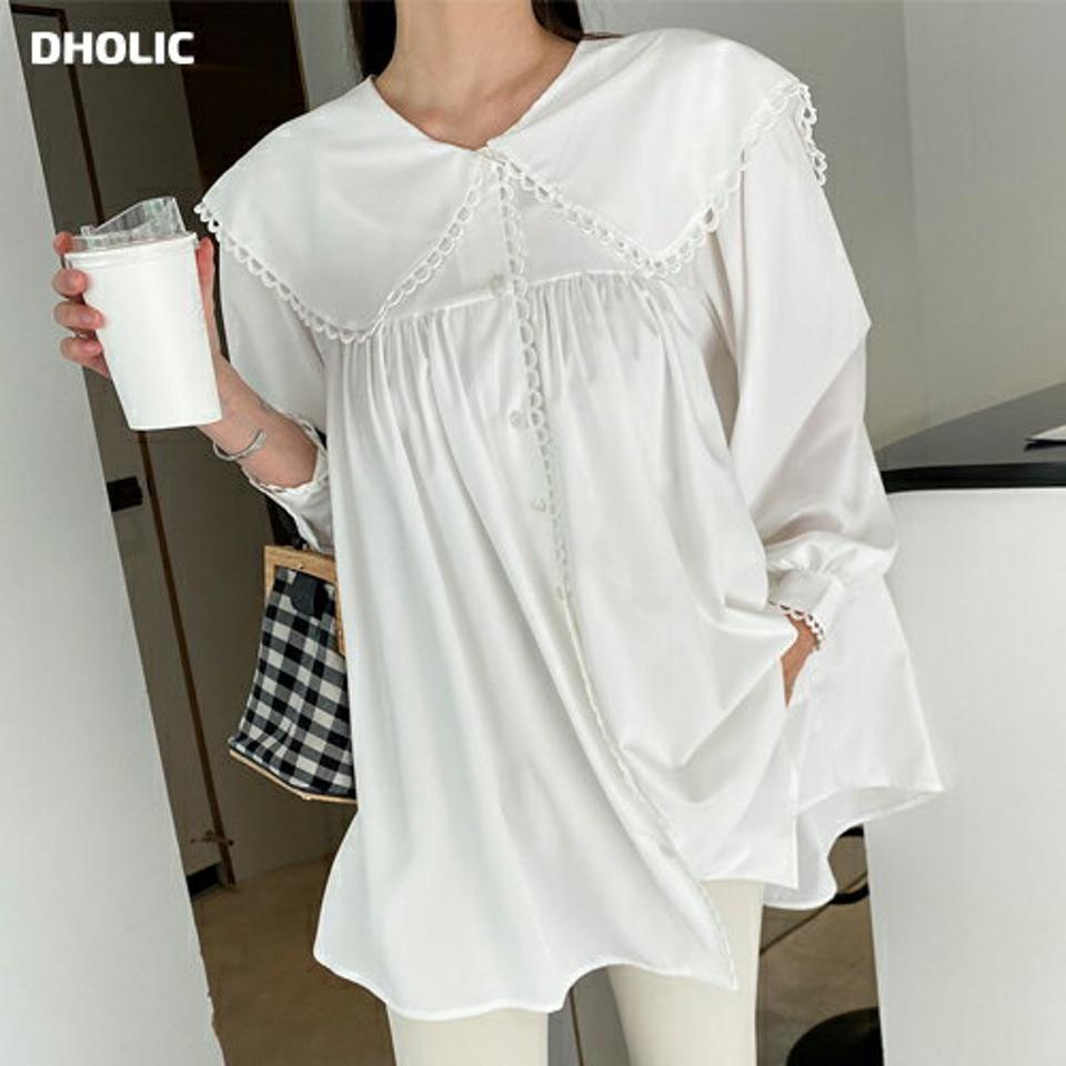 スカラップビッグカラーブラウス・全2色・t71662 レディース 【bl】トップス ブラウス 襟コン ガーリー かわいい 可愛い 長袖 ギャザー 大きい襟 体型カバー 春 秋 冬 韓国ファッション ハイホリHIHOLLI