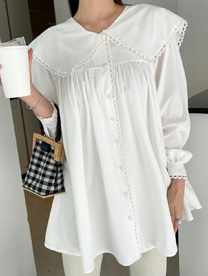 スカラップビッグカラーブラウス・全2色・t71662 レディース 【bl】トップス ブラウス 襟コン ガーリー かわいい 可愛い 長袖 ギャザー 大きい襟 体型カバー 春 秋 冬 韓国ファッション ハイホリHIHOLLI