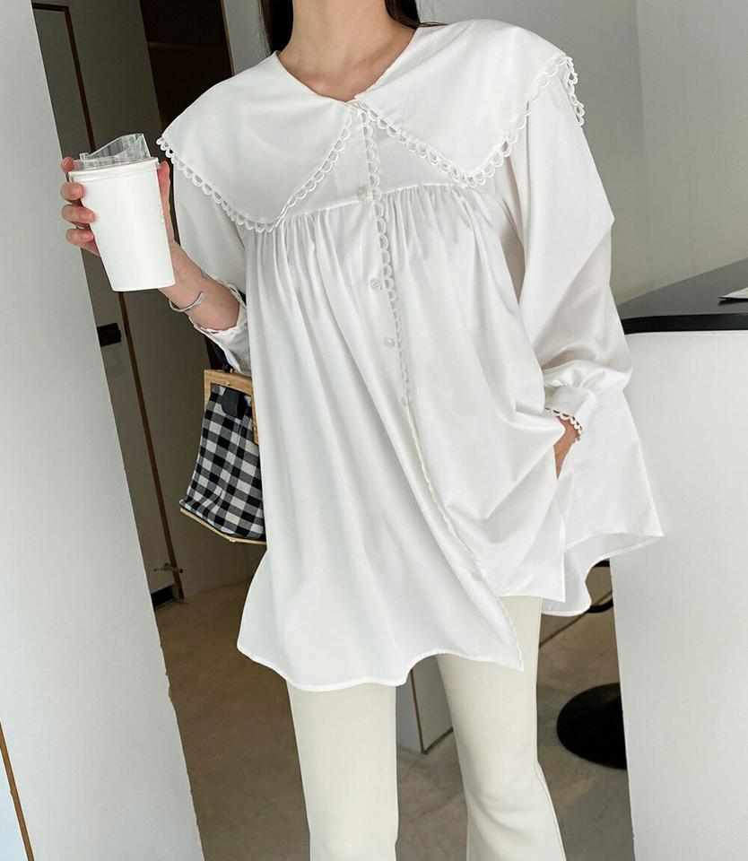 スカラップビッグカラーブラウス・全2色・t71662 レディース 【bl】トップス ブラウス 襟コン ガーリー かわいい 可愛い 長袖 ギャザー 大きい襟 体型カバー 春 秋 冬 韓国ファッション ハイホリHIHOLLI