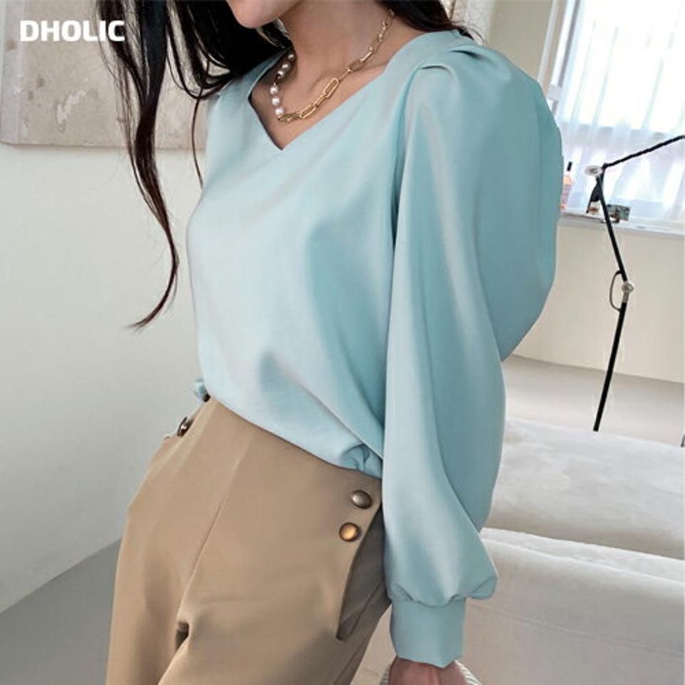 【15%OFF】ハートネックパフショルダーブラウス・全3色・t71655 レディース 【bl】トップス ブラウス 長袖 ハートネック 襟コン デコルテ パフ袖 単色 無地 シンプル フェミニン オフィスカジュアル パステル 水色 春 秋 冬 韓国ファッション ハイホリHIHOLLI blセール