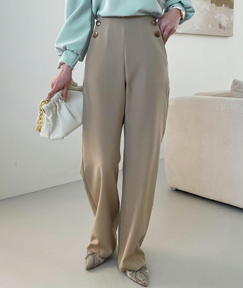 ゴールドボタンストレートスラックス・全2色・t71675 レディース 【pt】スラックス パンツ ズボン ロングパンツ 単色 無地 シンプル ハイウエスト オフィスカジュアル きれいめ 大人 ストレート 春 秋 冬 韓国ファッション ハイホリHIHOLLI