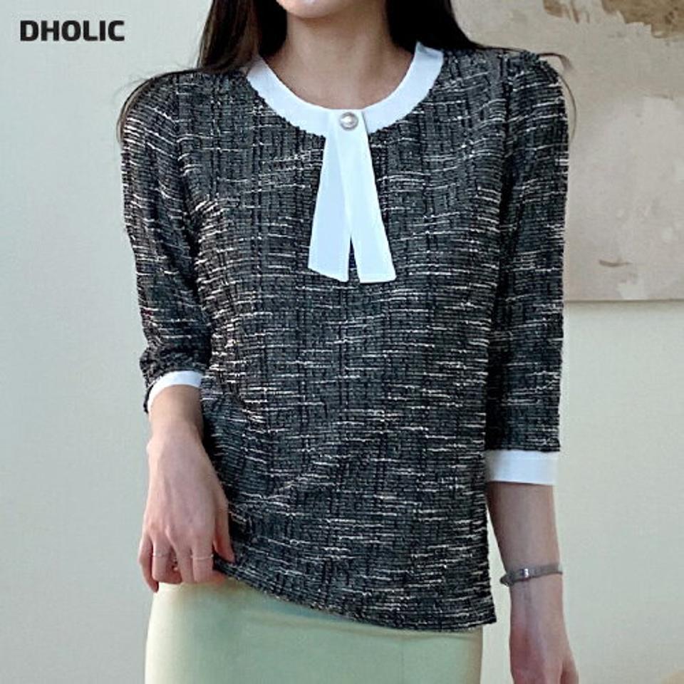 ツイードフェイクパールリボンブラウス・全3色・t71656 レディース 【bl】トップス ブラウス 七分丈 七分袖 ツイード フェミニン パールボタン 大人 きれいめ 高級感 春 秋 韓国ファッション ハイホリHIHOLLI