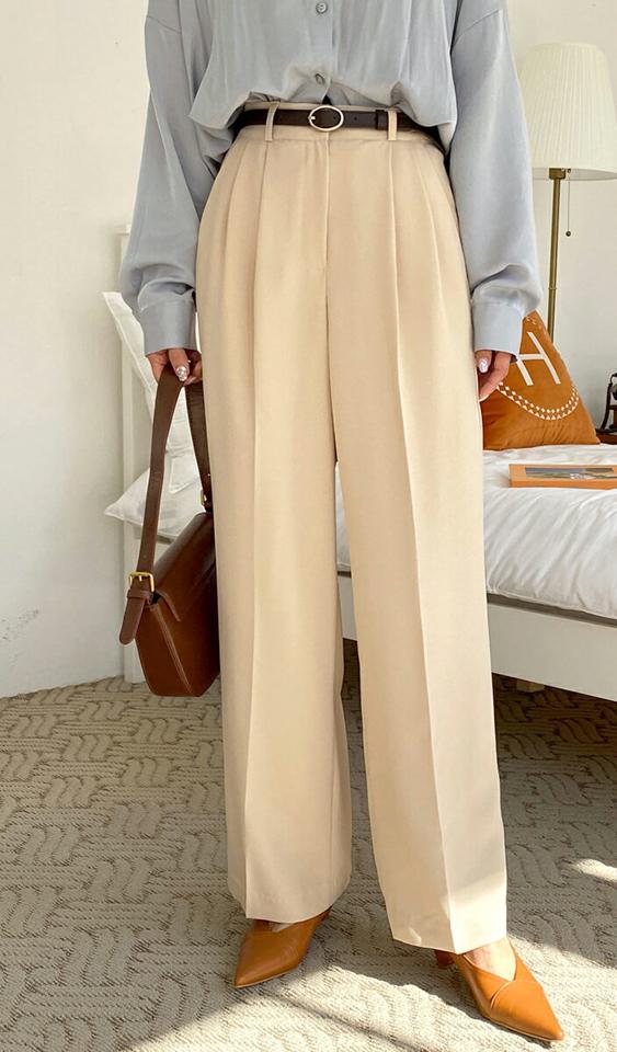 セミワイドスラックス・全3色・t00317 レディース 【pt】韓国ファッション ボトムス ロング ロングパンツ スラックスパンツ スラックス セミワイドツータック ストレート 無地 シンプル 体型カバー フェミニン カジュアル 秋 冬