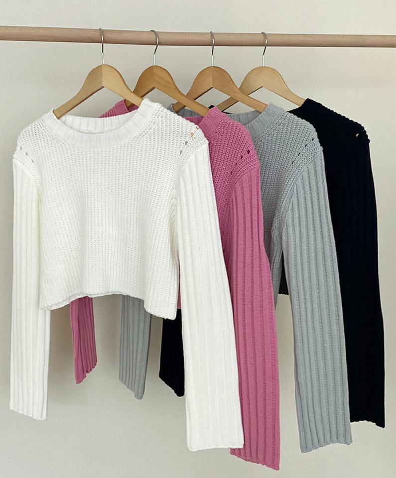 クロップドラウンドニット・全4色・t00281 レディース 【tops】韓国ファッション トップス ニット 大人 長袖 ラウンドネック カラーアイテム クロップド丈 パンチング カラーニット 無地 ショート丈 シンプル カジュアル 秋 冬