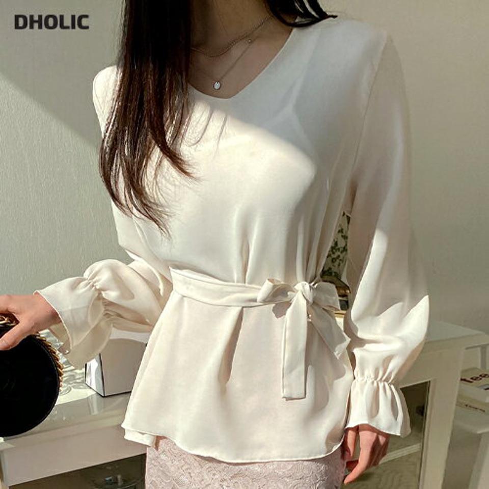 ストラップ付フレアブラウス・全4色・t00300 レディース 【bl】韓国ファッション トップス ブラウス 長袖 Vネック ストラップ付 フレア ルーズ 無地 シンプル かわいい カジュアル フェミニン ガーリー 春 秋 冬