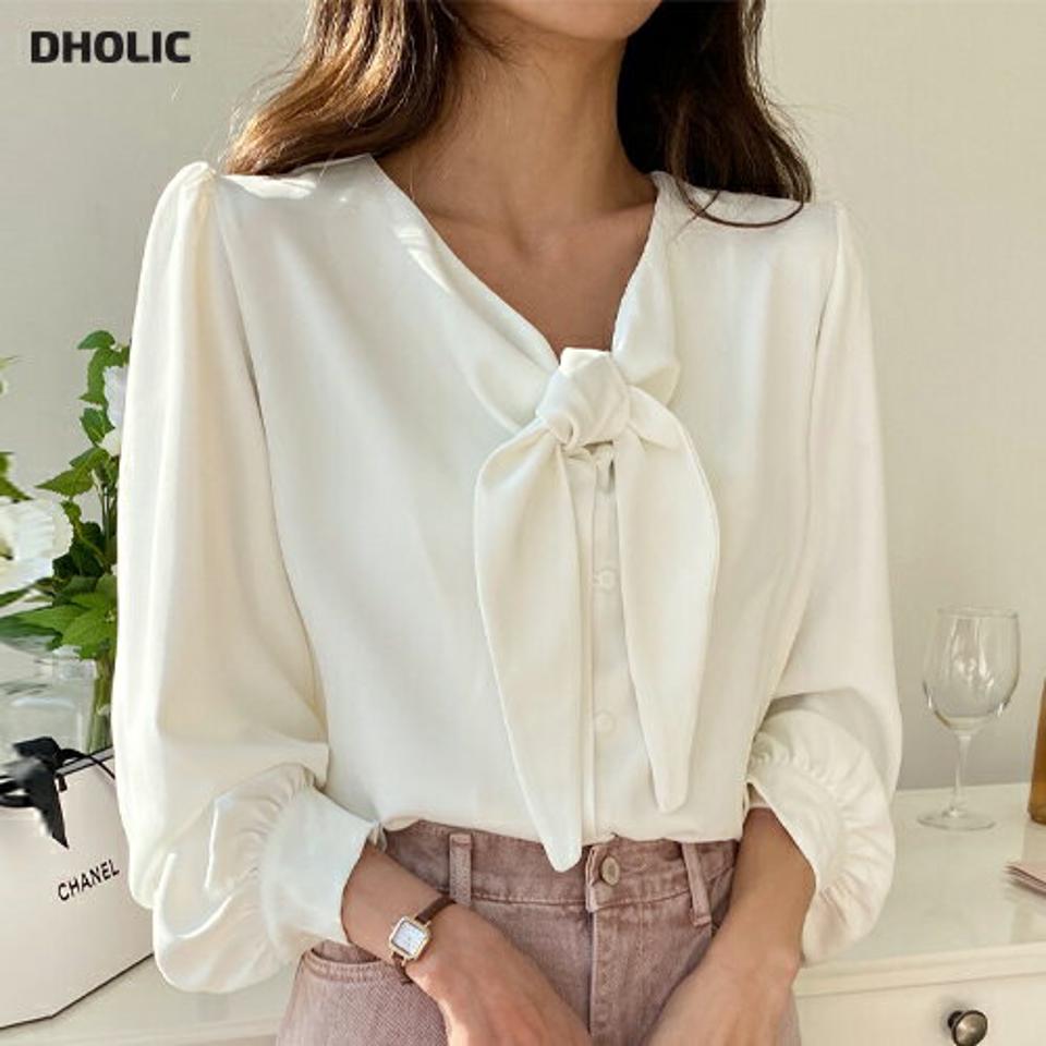 ボウタイブラウス・全4色・t00299 レディース 【bl】韓国ファッション トップス ブラウス 長袖 Vネック ギャザー ボウタイ ボタン 無地 シンプル かわいい カジュアル フェミニン ガーリー 春 秋 冬