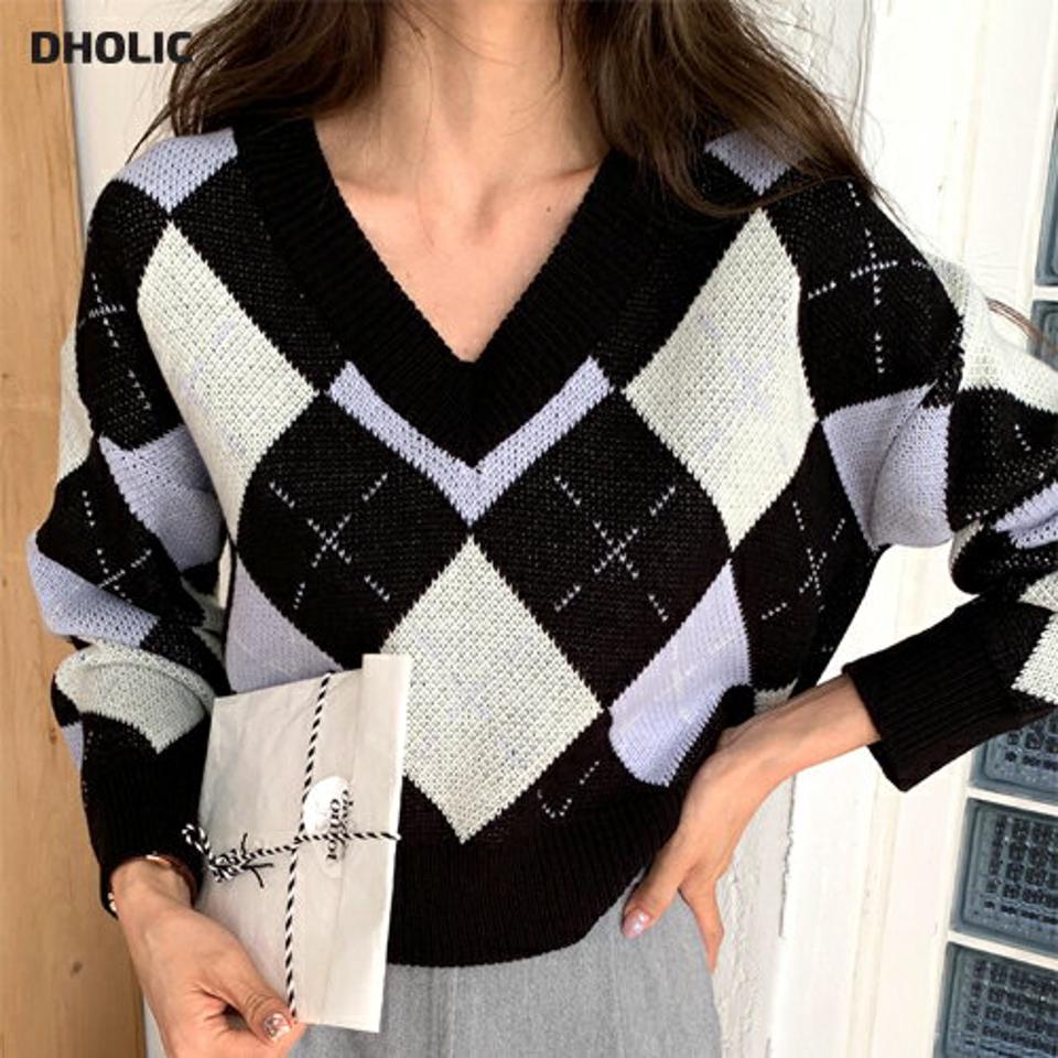 Vネックアーガイルニット・全4色・t00280 レディース 【tops】韓国ファッション トップス ニット 大人 長袖 Vネック クアーガイル ダイヤチェック 配色 柄ニット シンプル 体型カバー フェミニン カジュアル デイリー 秋 冬