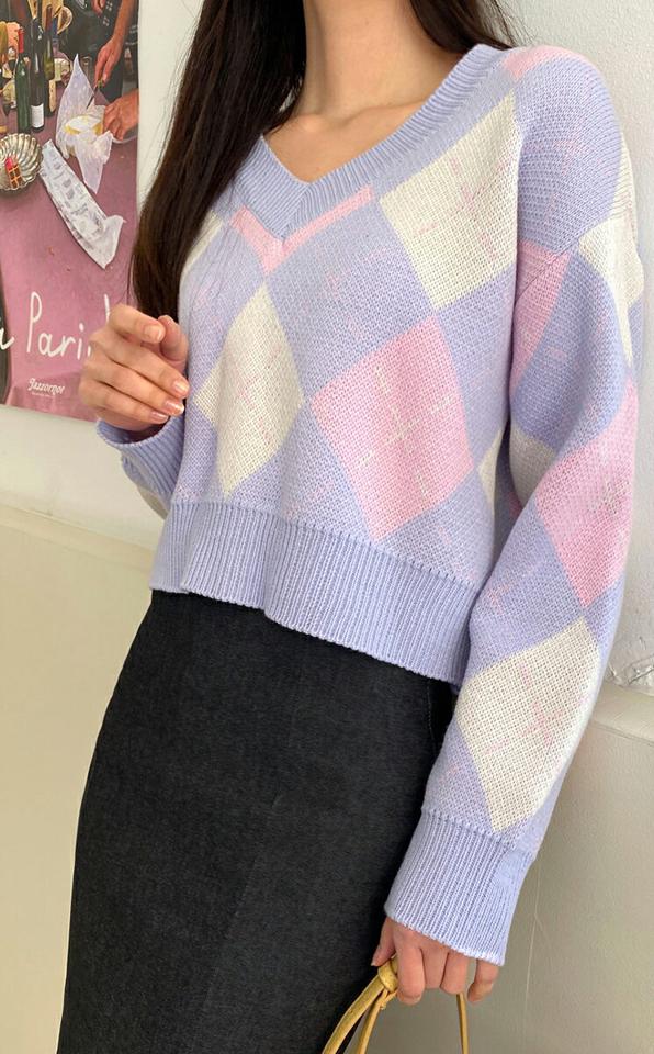 Vネックアーガイルニット・全4色・t00280 レディース 【tops】韓国ファッション トップス ニット 大人 長袖 Vネック クアーガイル ダイヤチェック 配色 柄ニット シンプル 体型カバー フェミニン カジュアル デイリー 秋 冬