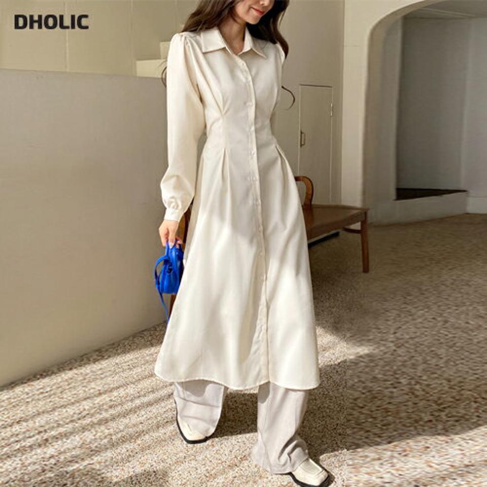 タックシャツロングワンピース・全4色・t00286 レディース 【ops】韓国ファッション ワンピース ロング ロングワンピース 長袖 カラーネック タック リボン シャツワンピース ロング丈 ルーズ 無地 シンプル フェミニン 秋 冬