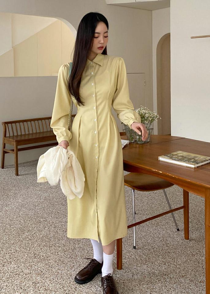 タックシャツロングワンピース・全4色・t00286 レディース 【ops】韓国ファッション ワンピース ロング ロングワンピース 長袖 カラーネック タック リボン シャツワンピース ロング丈 ルーズ 無地 シンプル フェミニン 秋 冬