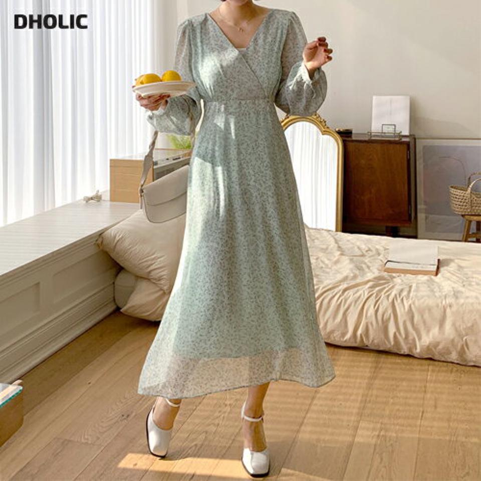 フローラルカシュクールワンピース・全3色・t66193 レディース 【ops】韓国ファッション ワンピース ロングワンピース 長袖 Vネック 小花柄 花柄 フラワー フローラル カシュクール ロング丈 シンプル 体型カバー フェミニン カジュアル 秋 冬