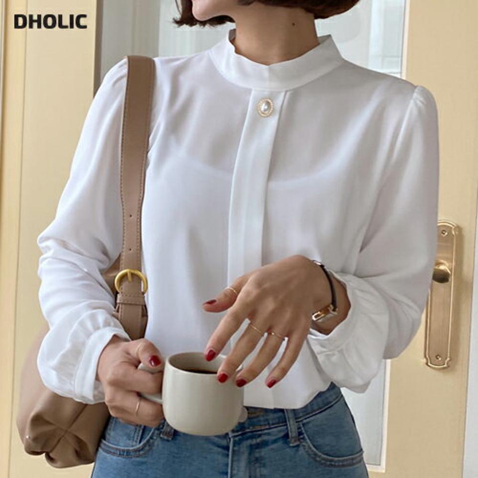 パール調ボタンブラウス・全4色・b66214 レディース 【bl】韓国ファッション トップス ブラウス 長袖 ハーフネック モダン パール調 ボタン ギャザー 無地 シンプル カジュアル フェミニン ガーリー 春 秋 冬