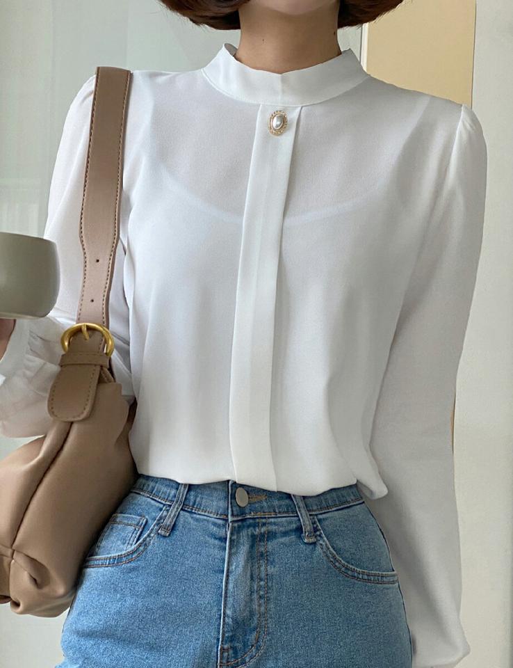 パール調ボタンブラウス・全4色・b66214 レディース 【bl】韓国ファッション トップス ブラウス 長袖 ハーフネック モダン パール調 ボタン ギャザー 無地 シンプル カジュアル フェミニン ガーリー 春 秋 冬